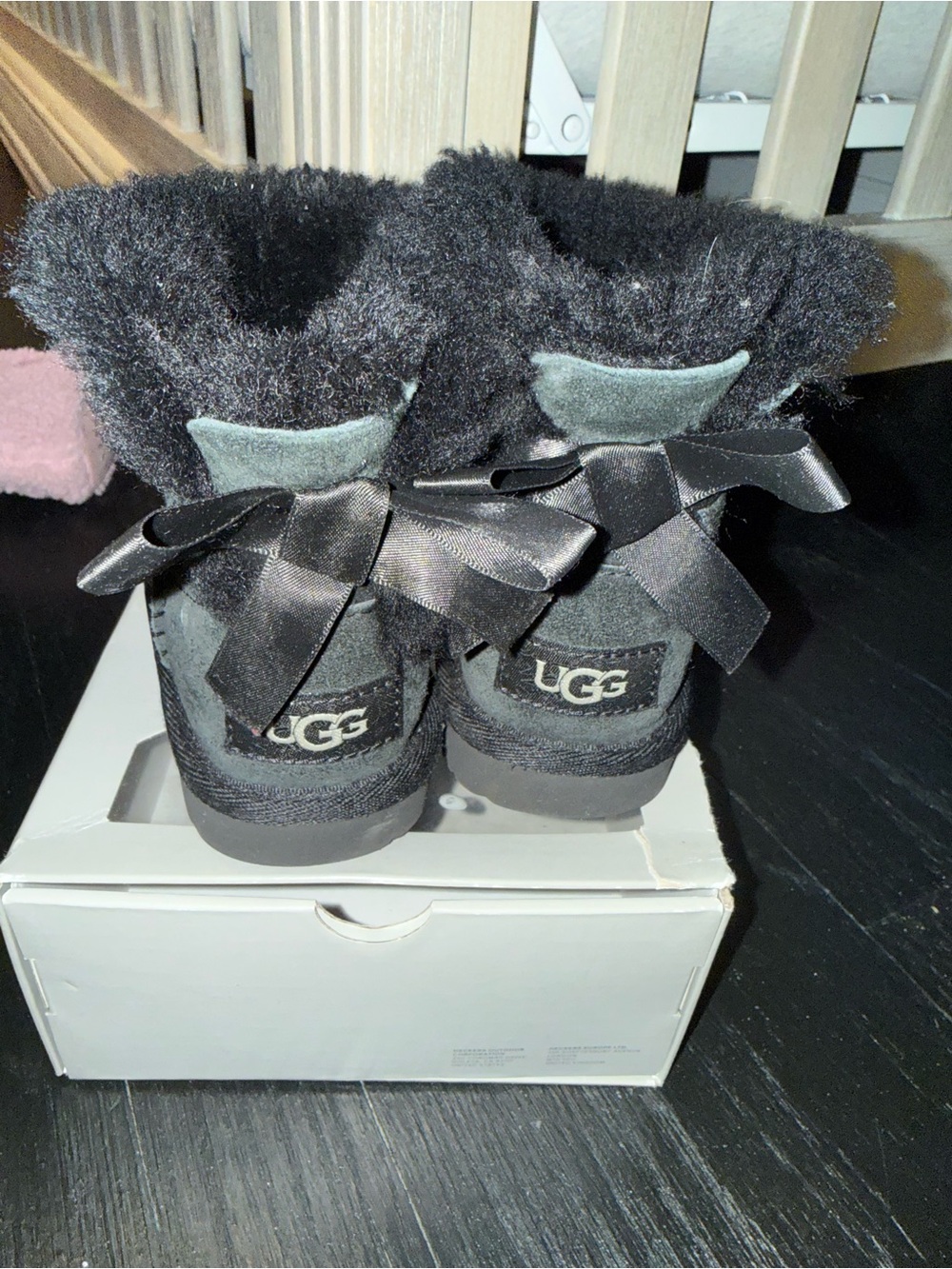 UGG Kids Black Suede Faux Fur Cuff Boots - Picture 2 of 4